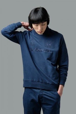 La Martina Regular-fit Brushed Baumwoll Sweatshirt Herren Navy | CXVH8097