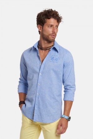 La Martina Slim-fit Linen-blend Hemd Herren Blau | VJPQ9200