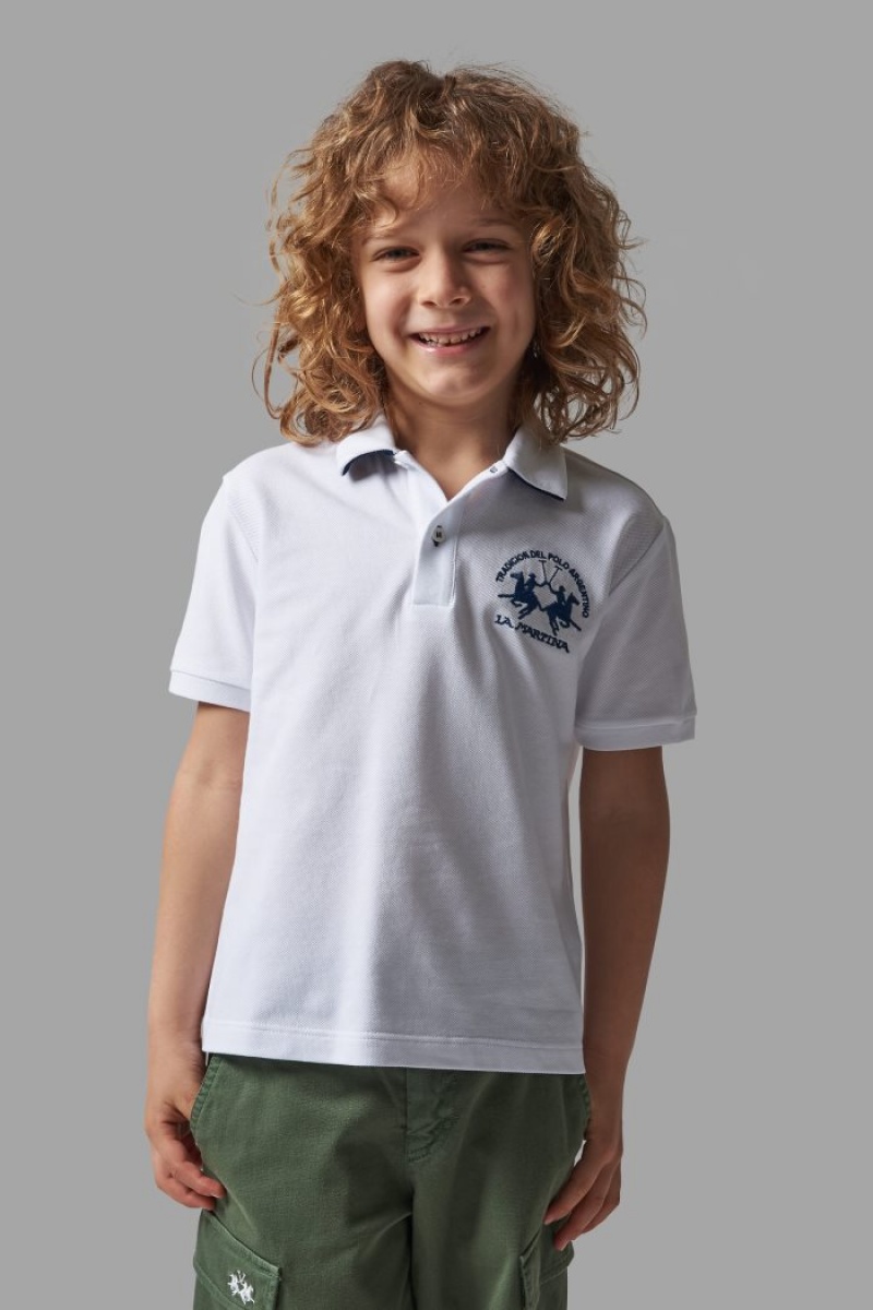 La Martina Klassische Baumwoll Poloshirt Kinder Weiß Blau | ZRRU7437