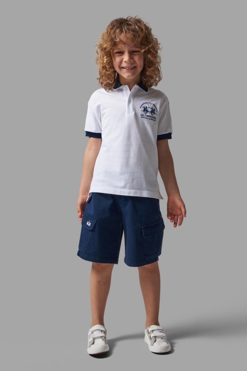 La Martina Klassische Baumwoll Poloshirt Kinder Weiß Blau | VIVN8001