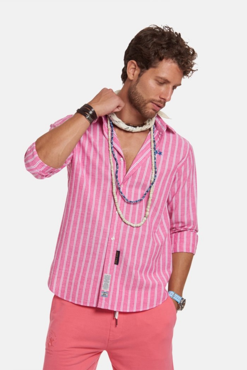 La Martina Regular-fit 100% Baumwoll Hemd Herren Rosa Weiß | GOOX8704