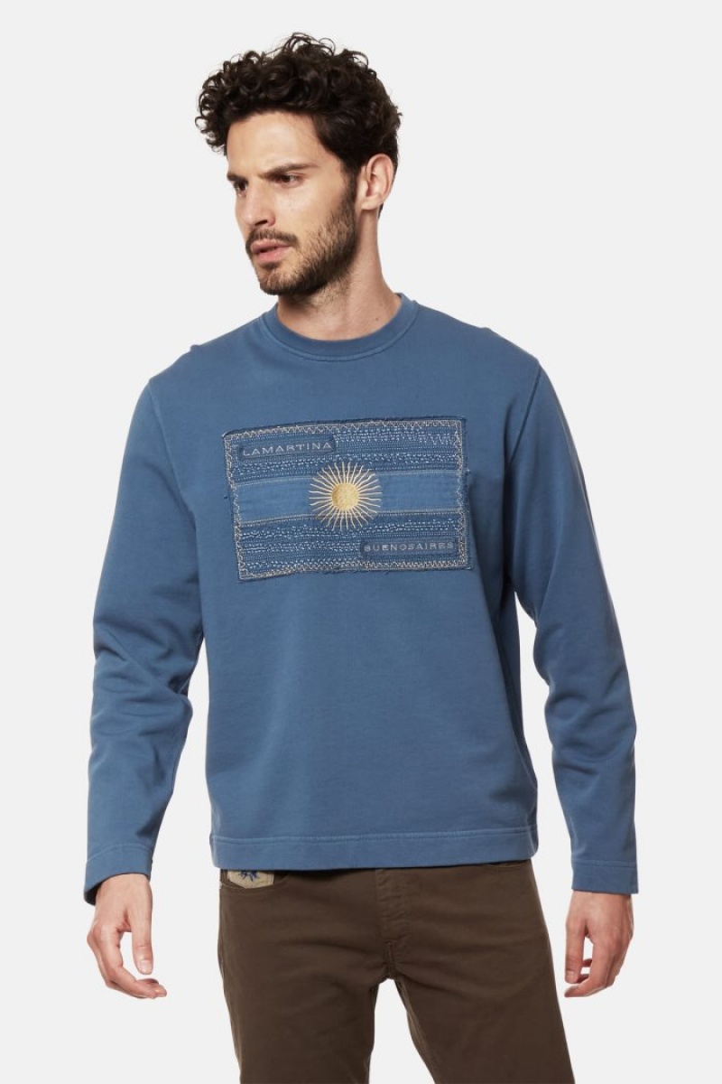 La Martina Regular-fit Brushed Baumwoll Sweatshirt Herren Blau | RFNV6293