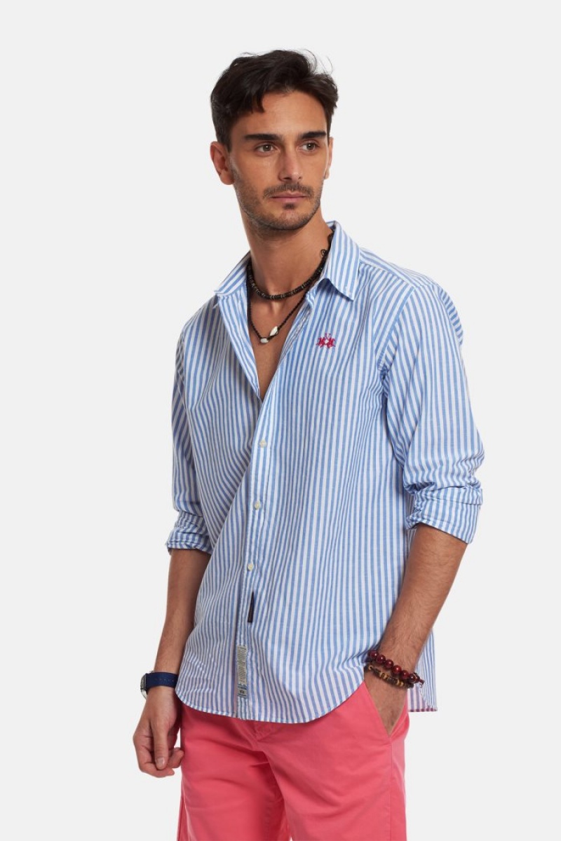 La Martina Regular-fit Linen-blend Hemd Herren Weiß Blau | NVEO1375