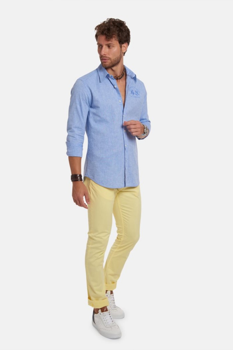 La Martina Slim-fit Linen-blend Hemd Herren Blau | VJPQ9200