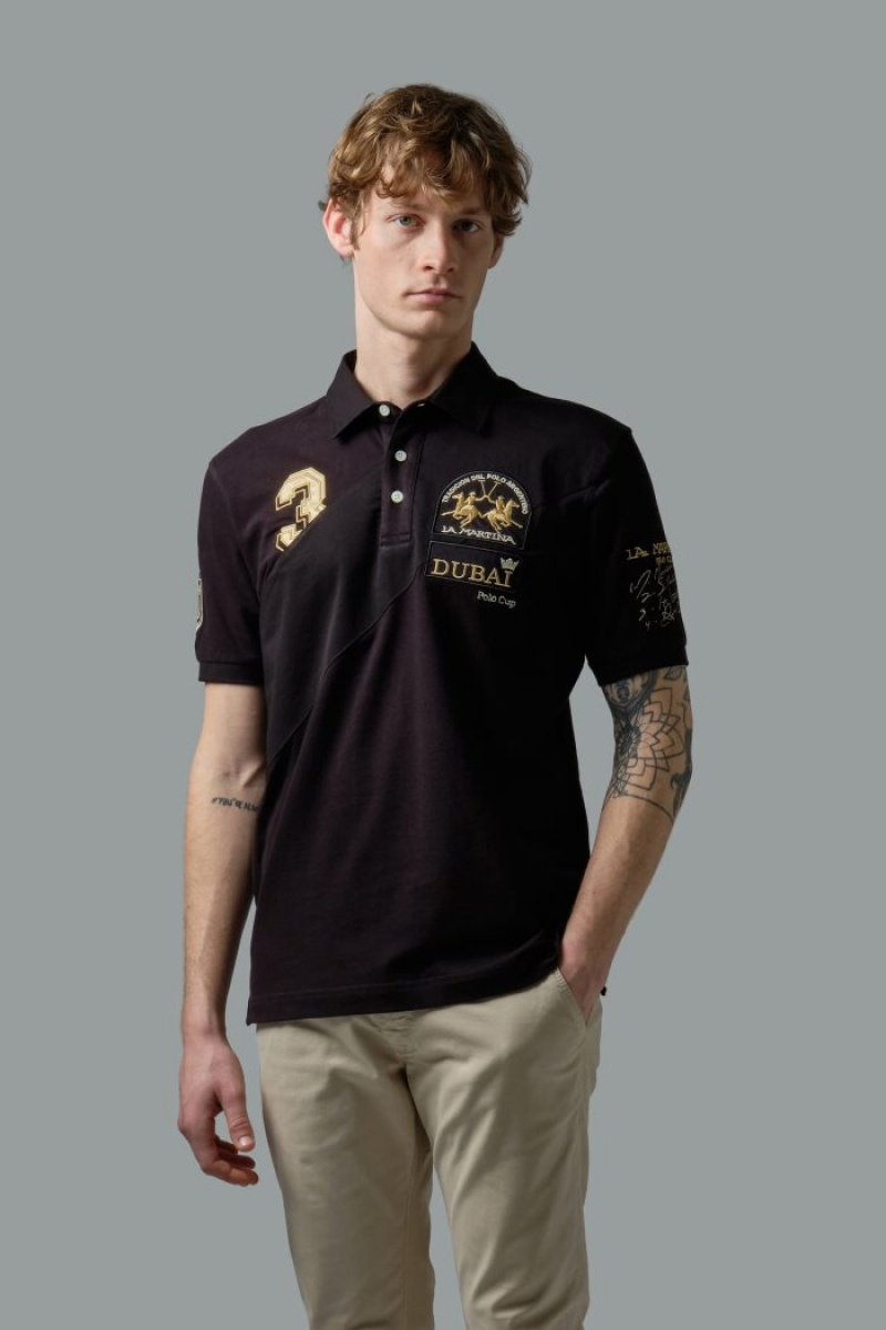 La Martina Stretch Piqué Poloshirt Herren Schwarz | HRKM4303